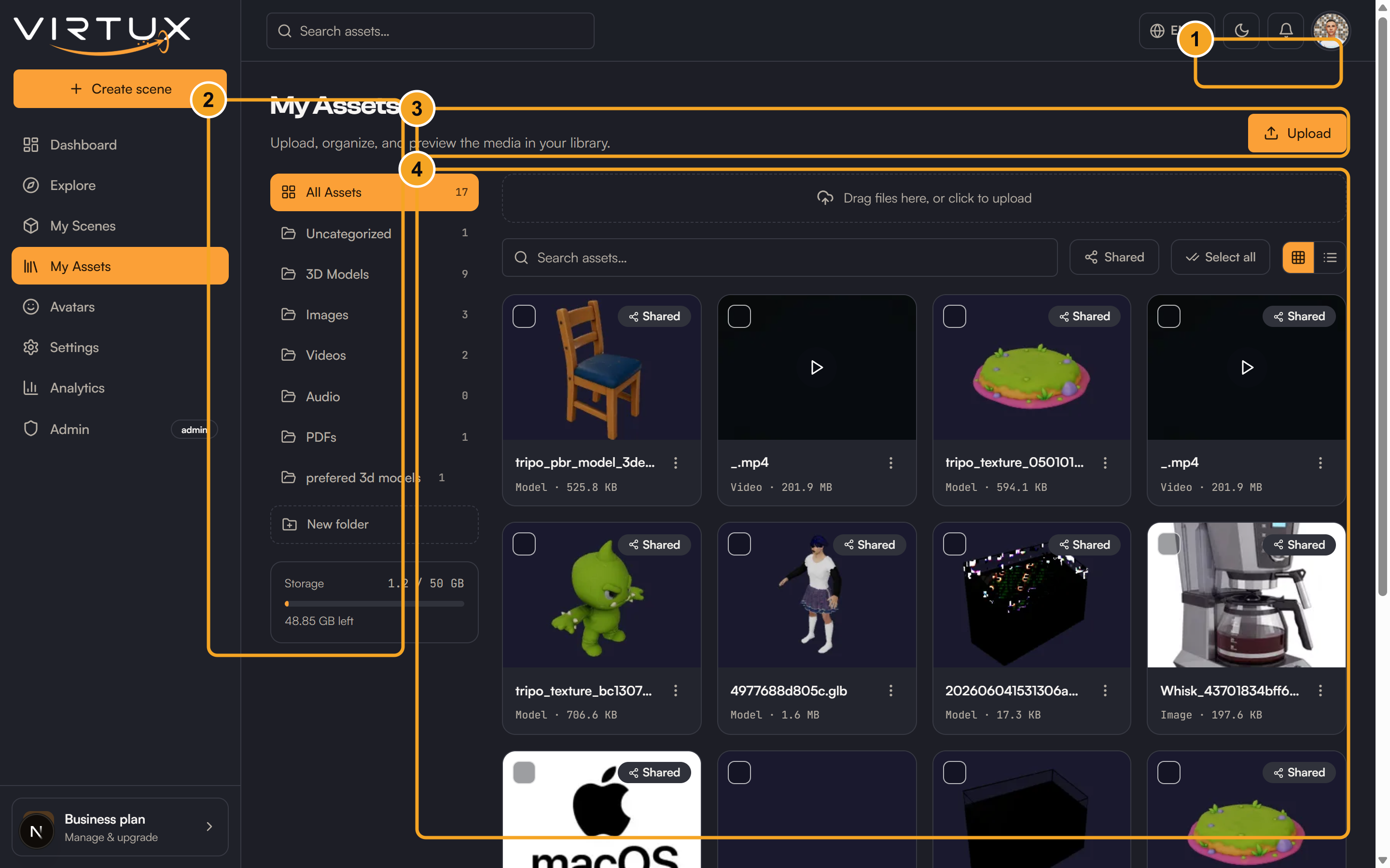 My Assets: (1) upload files, (2) folders and categories, (3) search and filter, (4) your asset library.