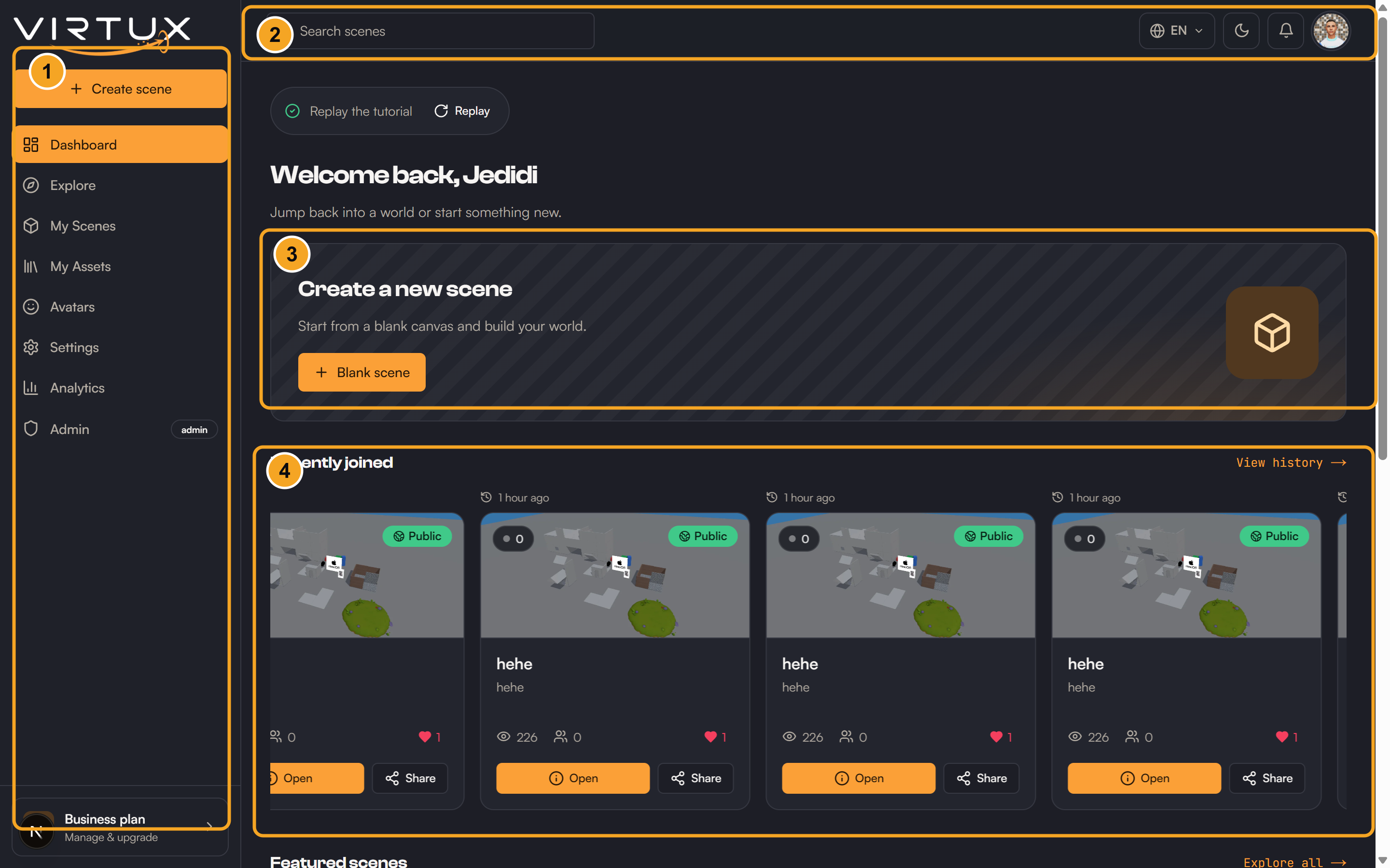 The Dashboard home: (1) the navigation rail, (2) search and account bar, (3) create a new scene, (4) recently joined scenes.