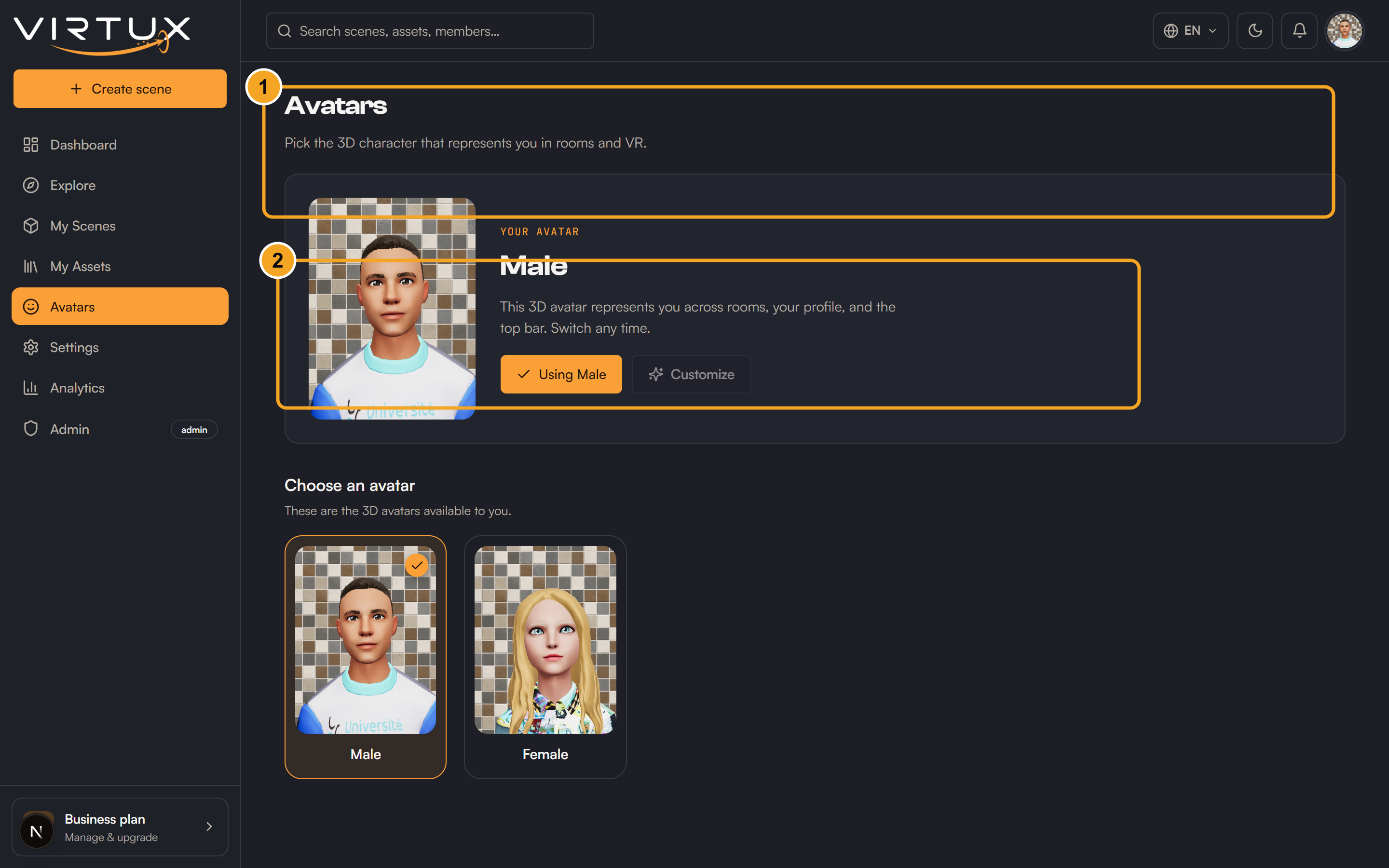 The Avatars page: (1) your current avatar, (2) the avatars you can choose from.