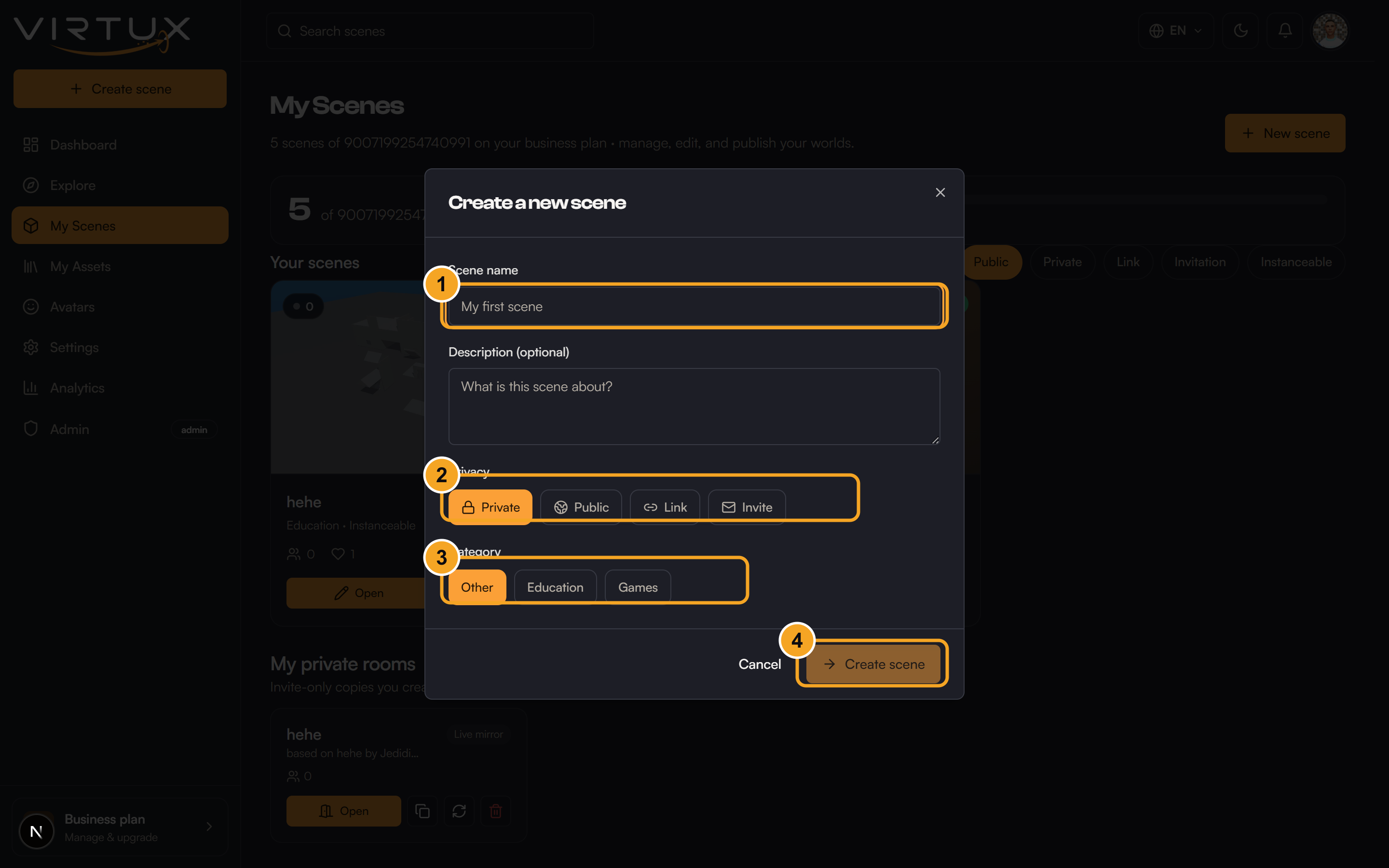 Create a scene: (1) name it, (2) choose who can enter, (3) pick a category, (4) create the scene.