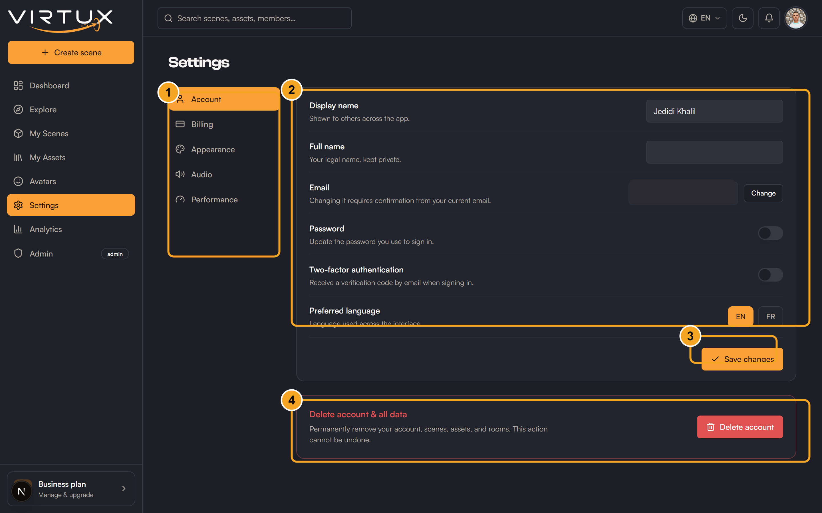 Settings → Account: (1) settings sections, (2) account fields, (3) save your changes, (4) delete your account.