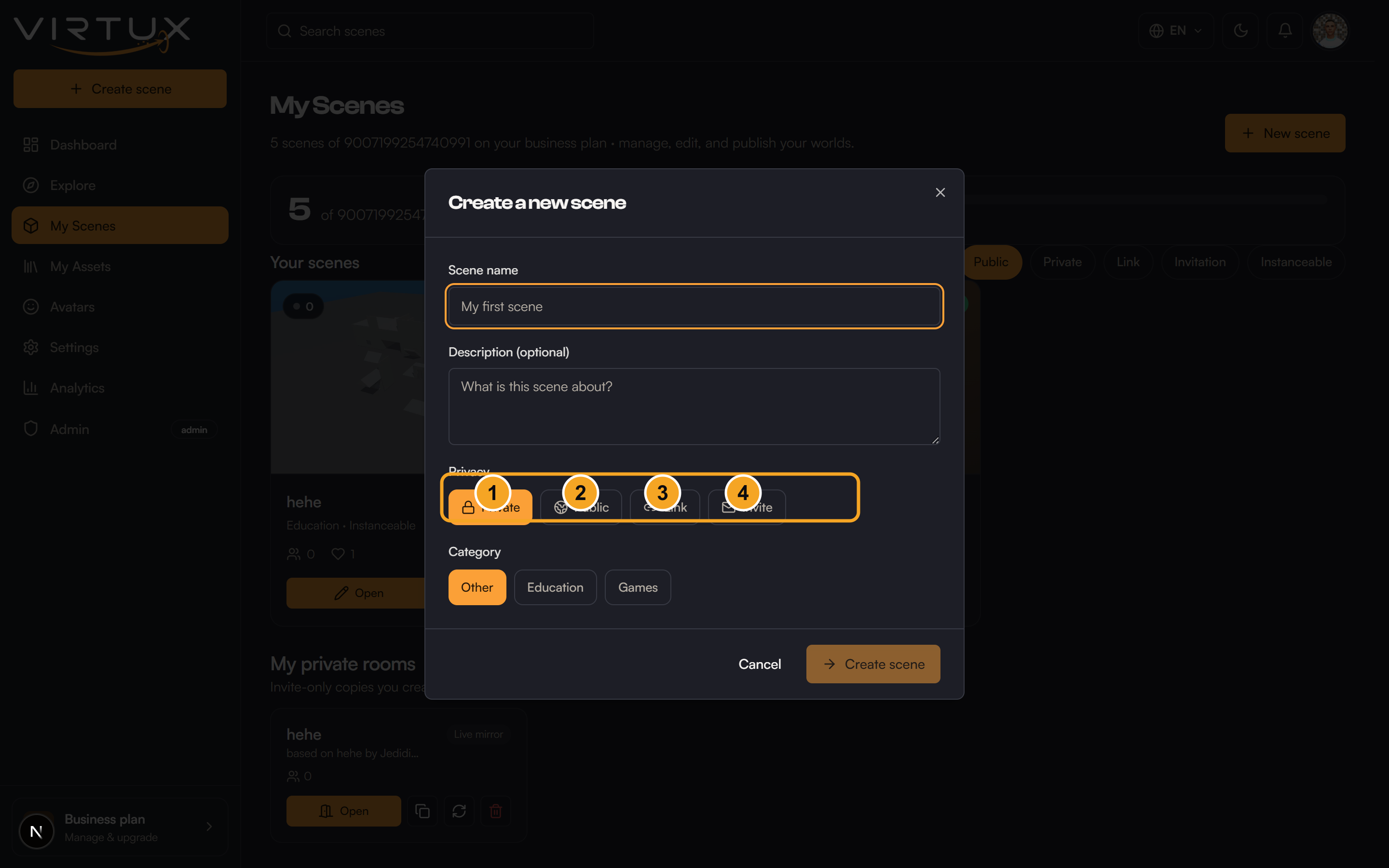 Scene access: (1) Private, (2) Public, (3) Link, (4) Invite — each controls who can enter your scene.