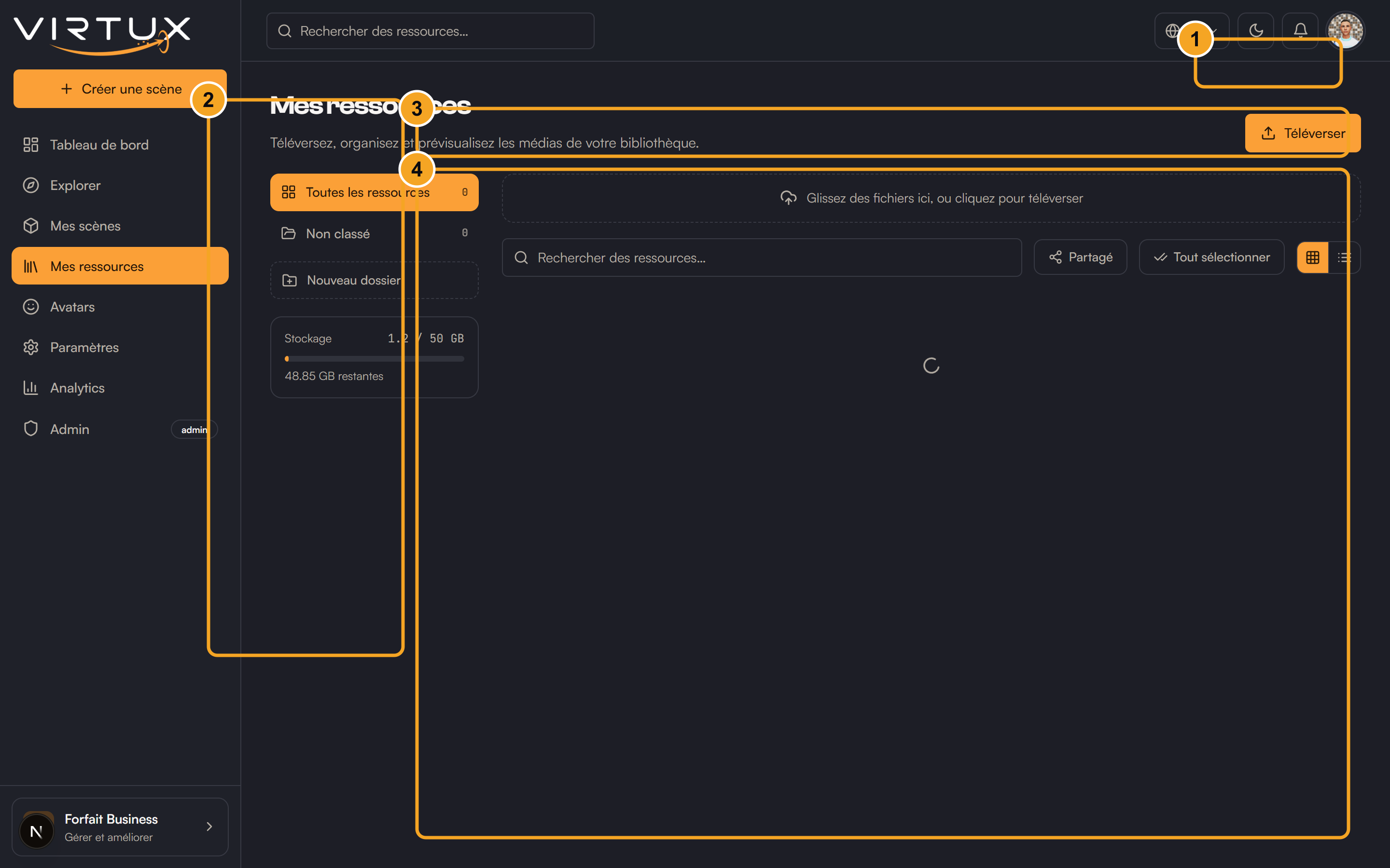 My Assets: (1) upload files, (2) folders and categories, (3) search and filter, (4) your asset library.