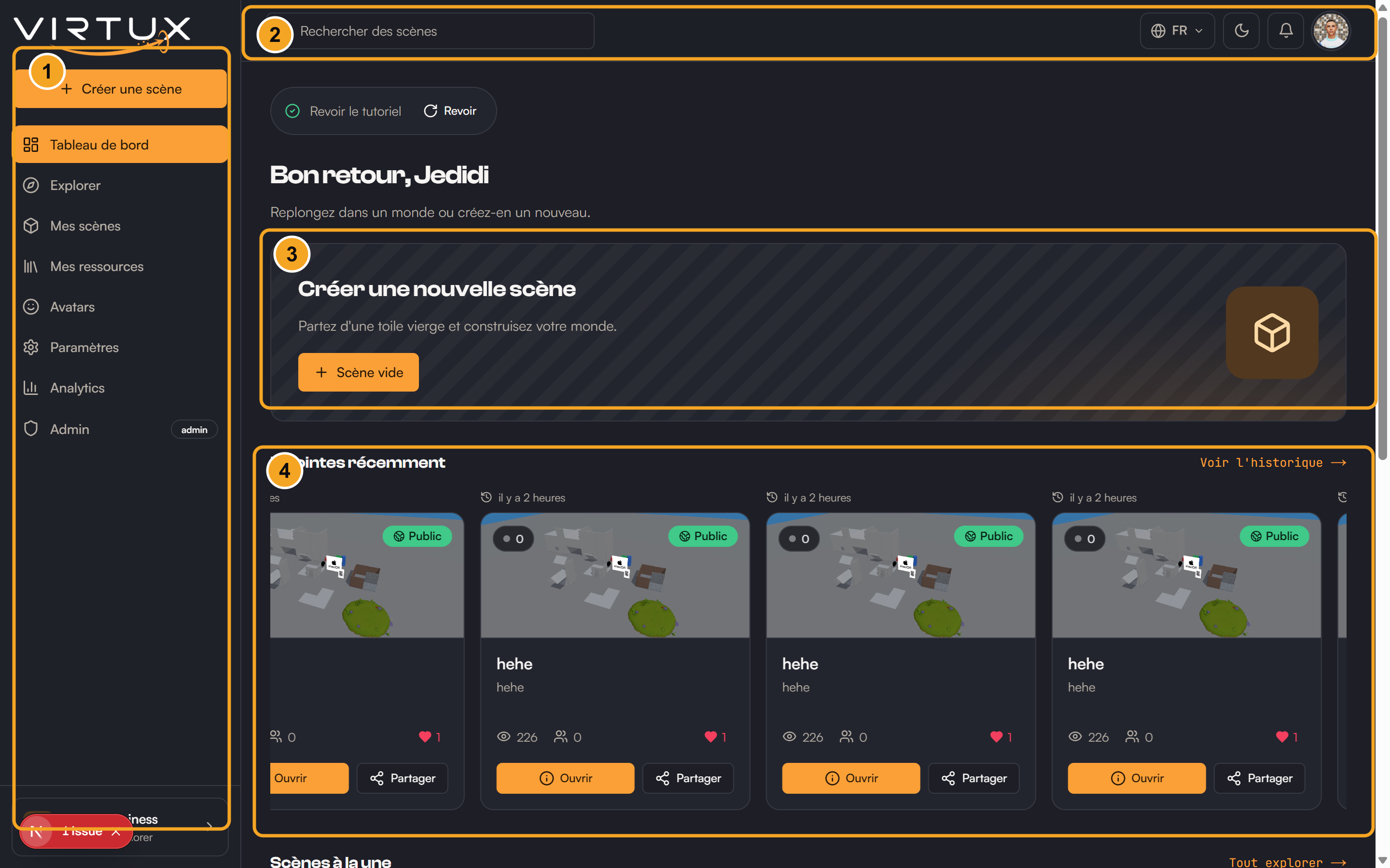The Dashboard home: (1) the navigation rail, (2) search and account bar, (3) create a new scene, (4) recently joined scenes.