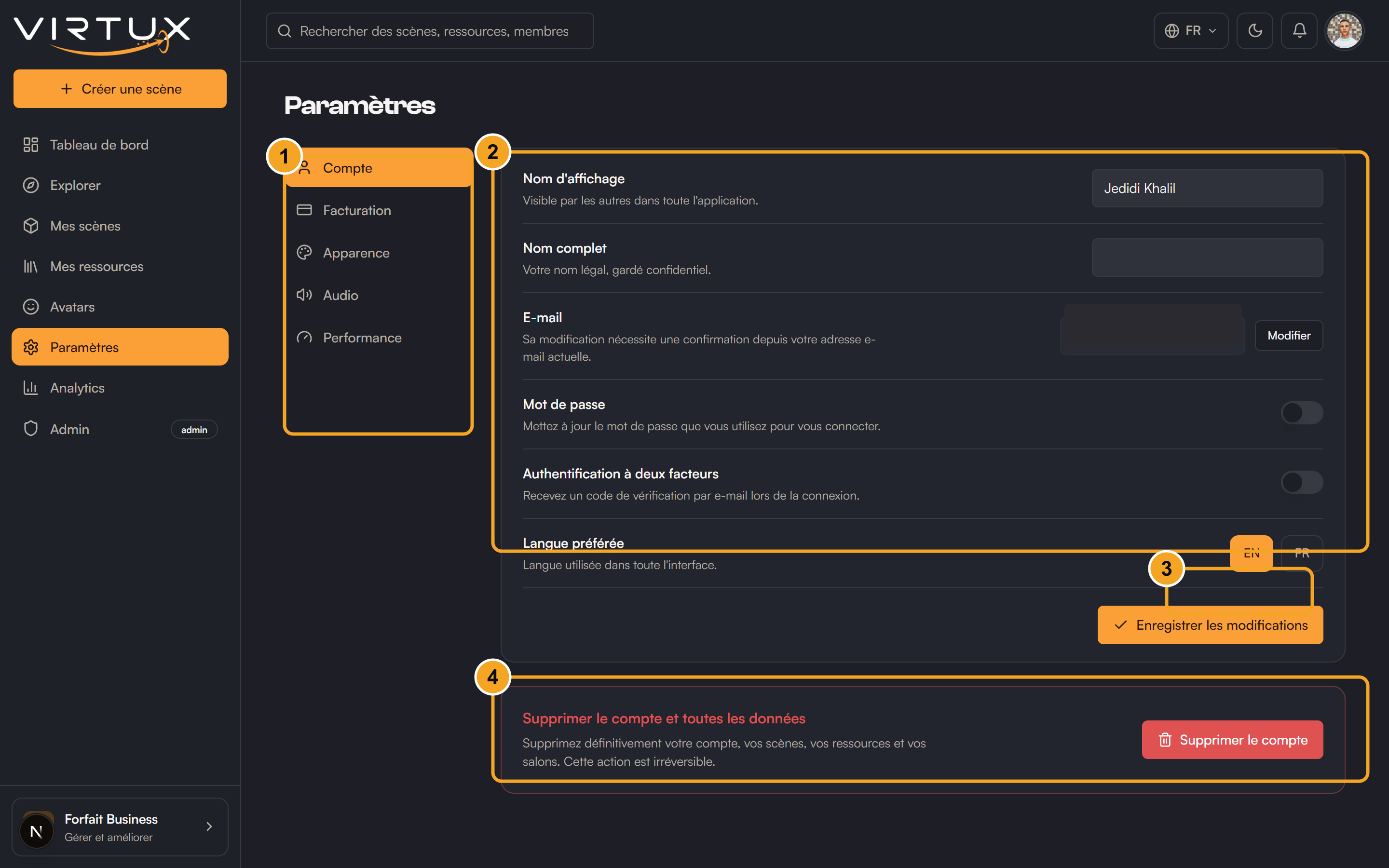 Settings → Account: (1) settings sections, (2) account fields, (3) save your changes, (4) delete your account.