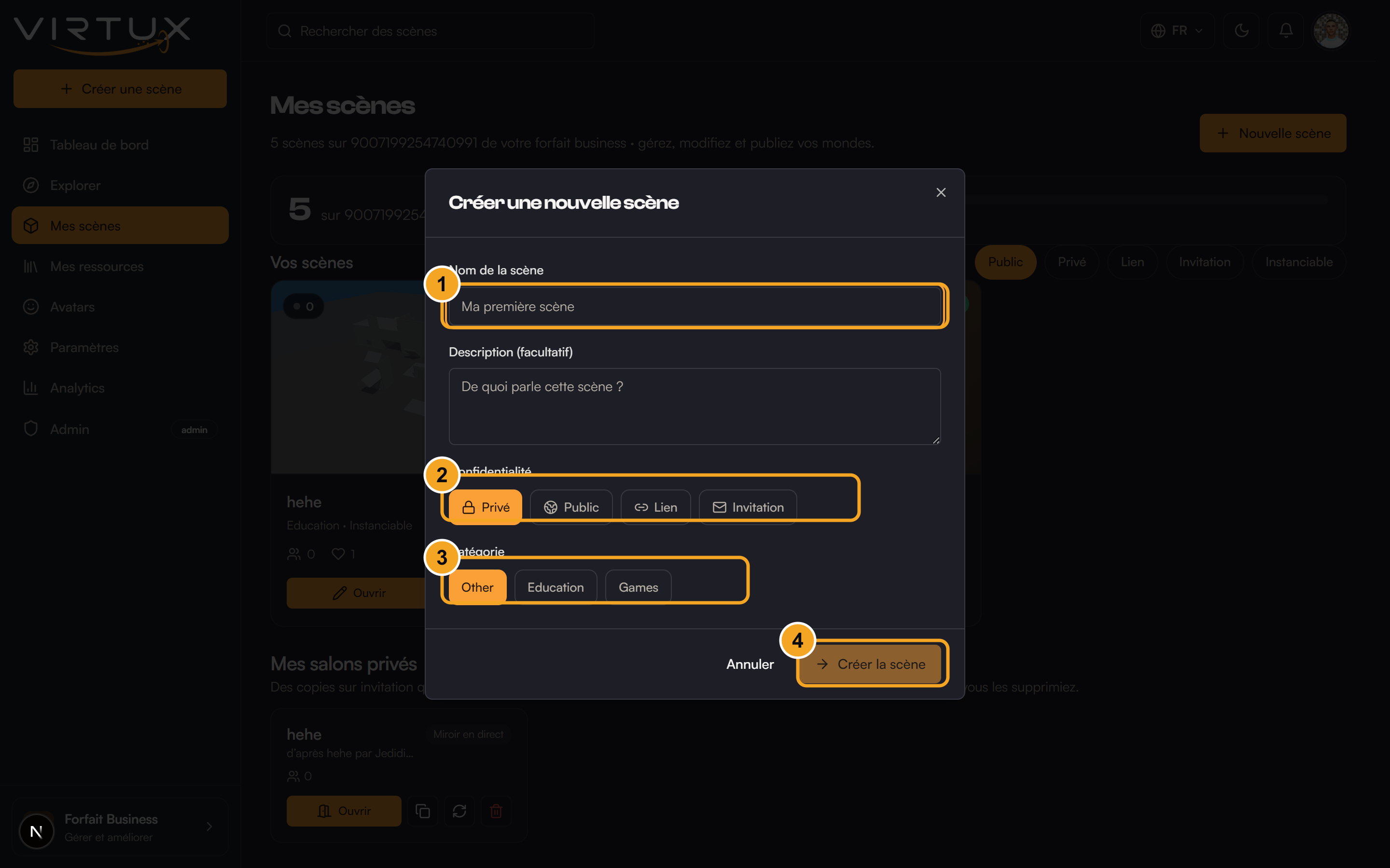 Create a scene: (1) name it, (2) choose who can enter, (3) pick a category, (4) create the scene.