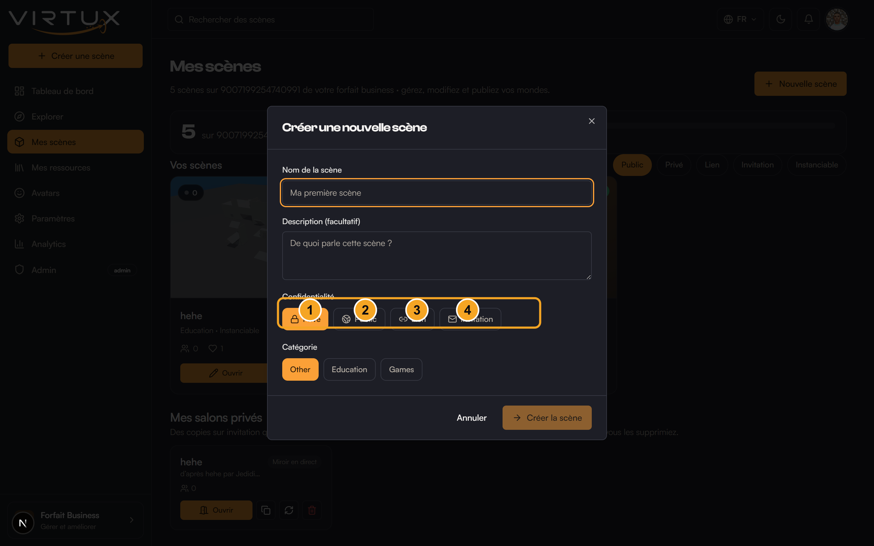 Scene access: (1) Private, (2) Public, (3) Link, (4) Invite — each controls who can enter your scene.